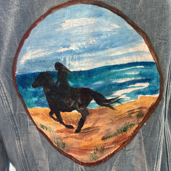 Upcycled Hollister Painted Horse Scene Distressed Denim Trucker Jacket Size M - Picture 2 of 12